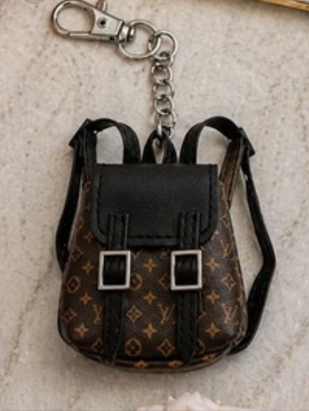 Monogram Mini Backpack Keychain in Brown and Black